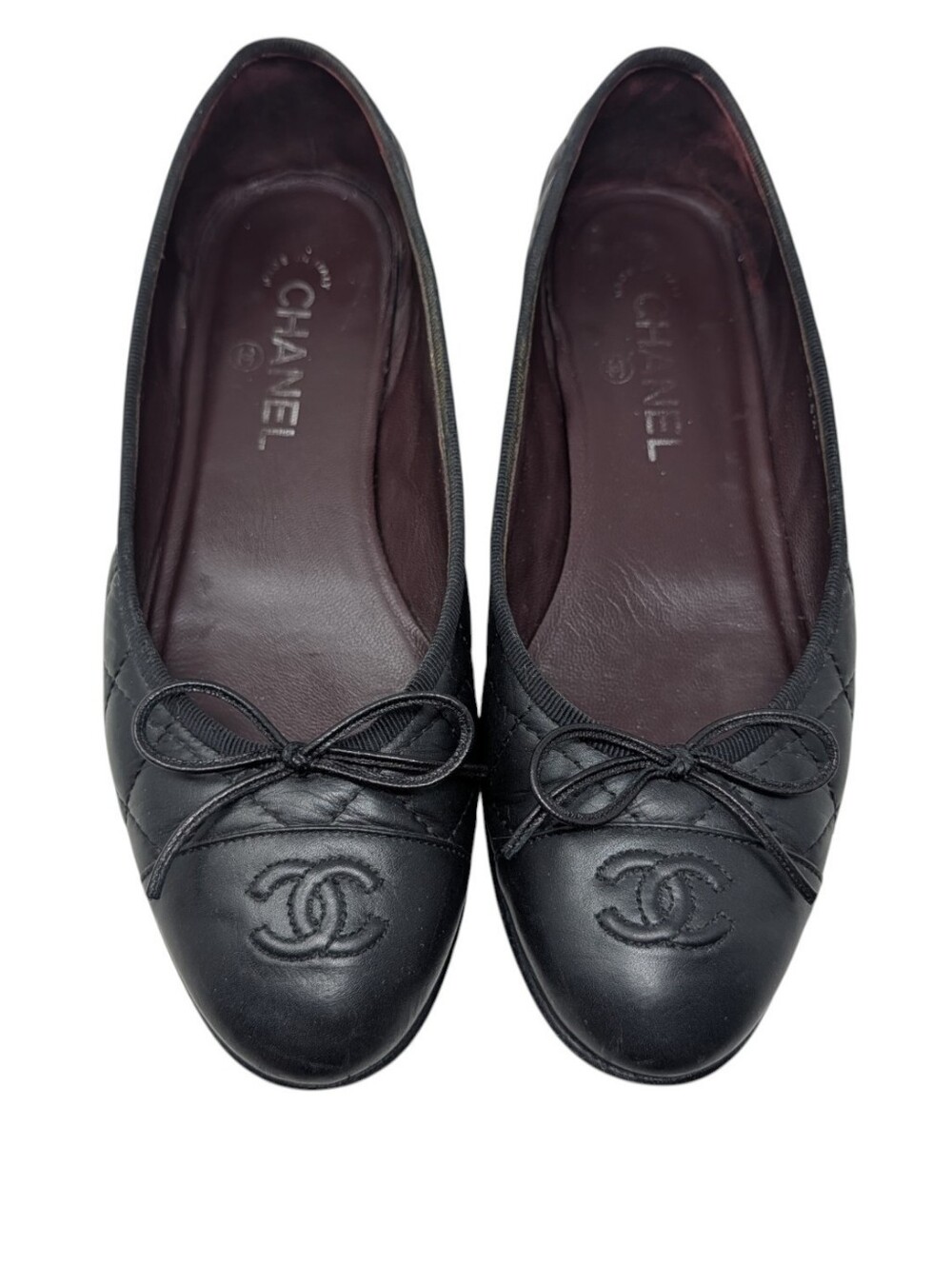 Chanel Black Leather Quilted Cap Toe Interlocking CC Ballerina Flats Sz EU 38.5